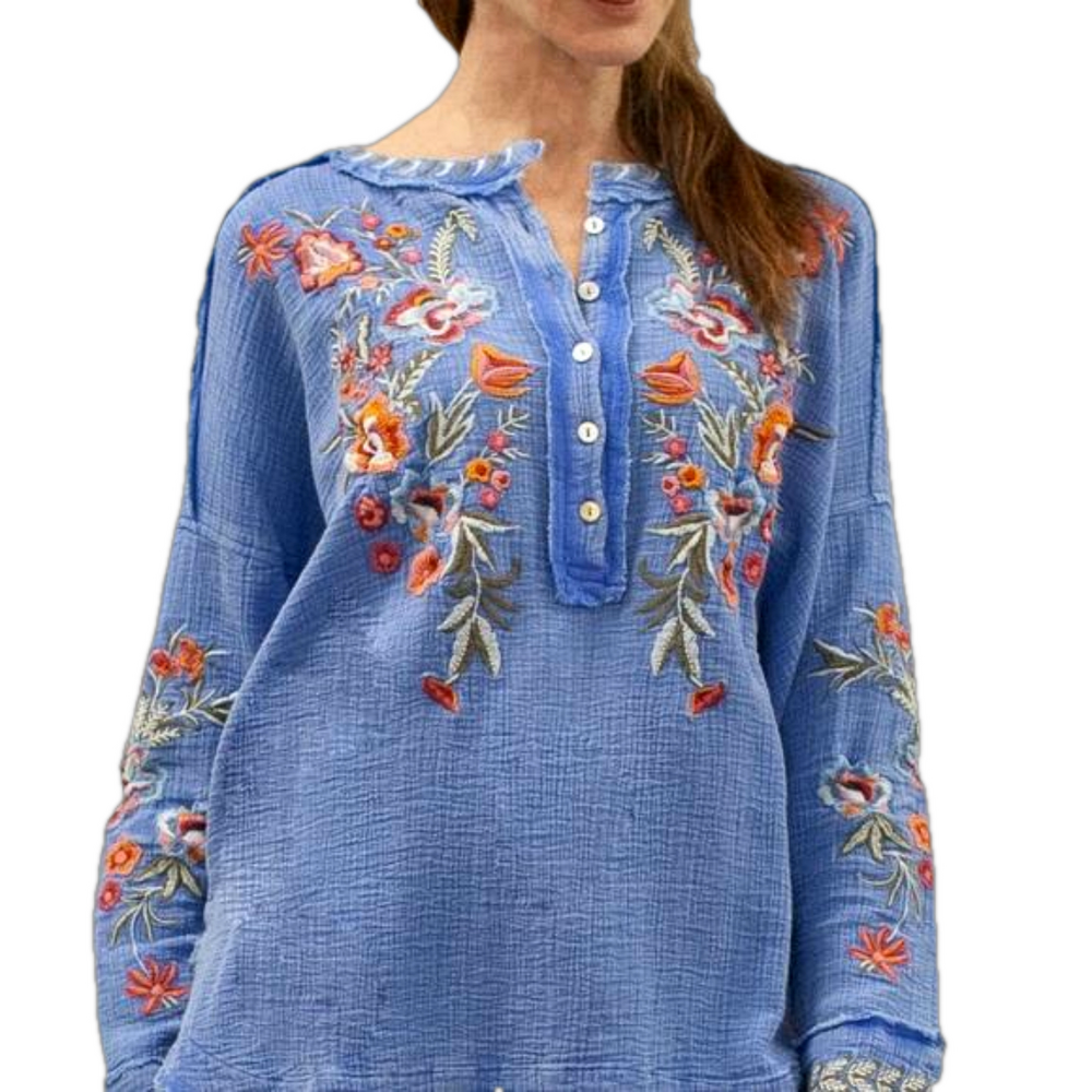 Embroidered Button-Down Blue Blouse